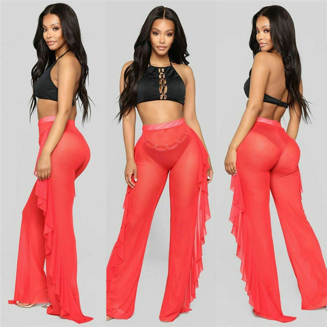 Women Ruffle Pants Beach Swimsuit Cover up Sheer Bikini Swimwear Sexy Mesh Pants