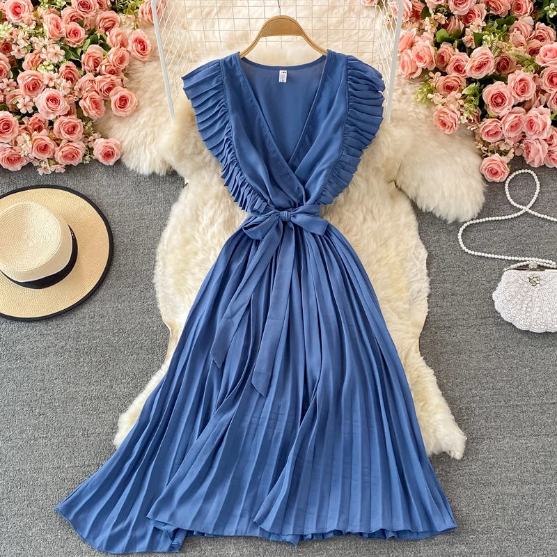 Women′ S Elegant Temperament Waist MID Length Fly Fly Sleeve V Neck Dress