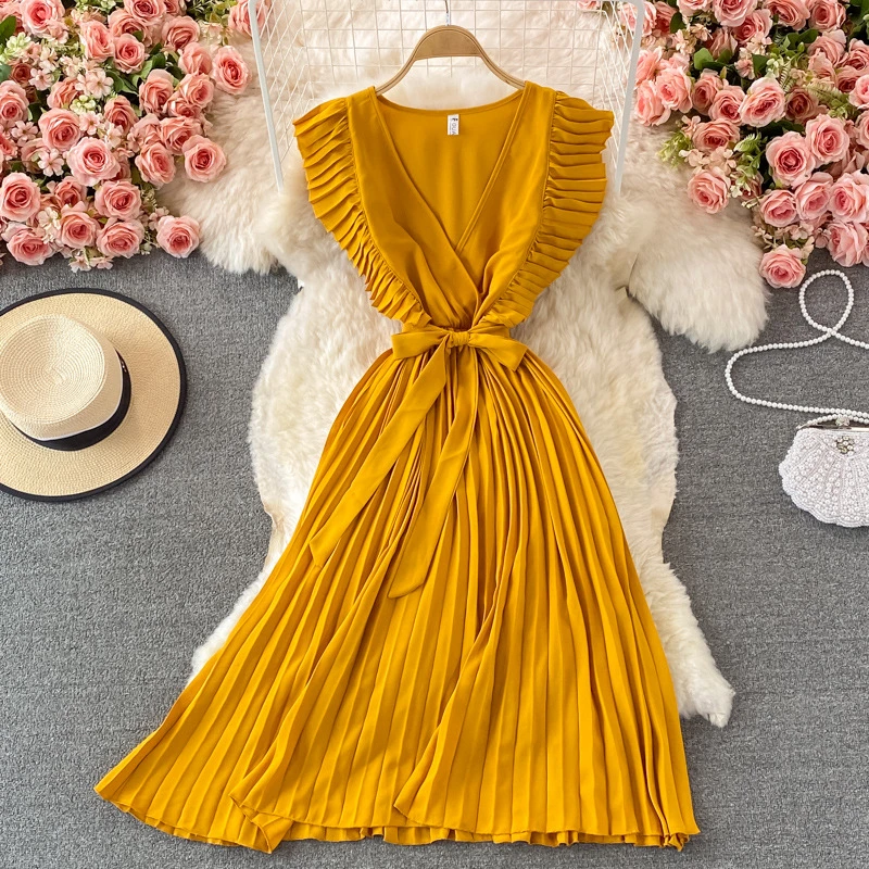 Women′ S Elegant Temperament Waist MID Length Fly Fly Sleeve V Neck Dress